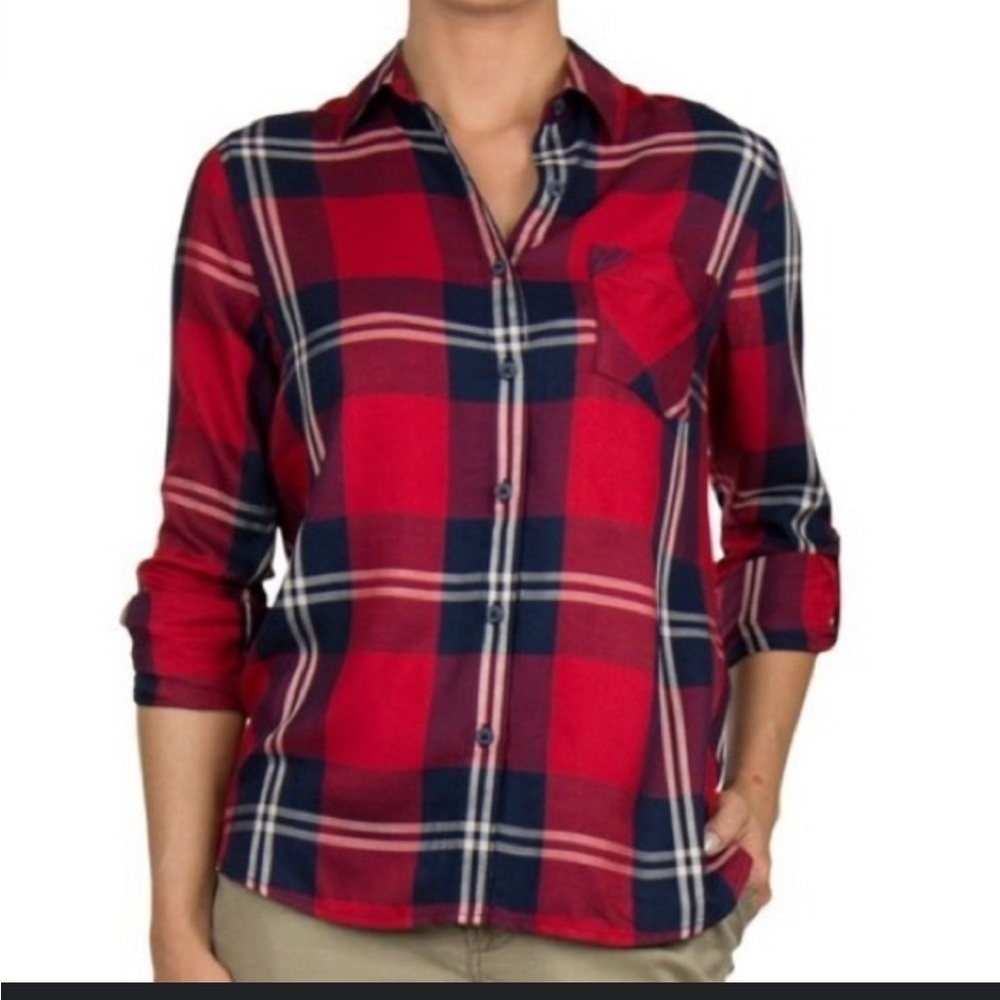 WOOLRICH Plaid Button Up Roll Tab Sleeves Rayon Shirt